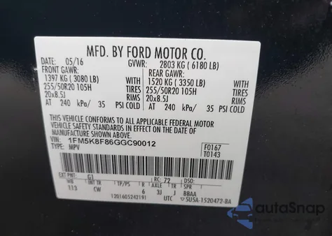 2016 Ford Explorer Limited z USA, uszkodzony, nr VIN 1FM5K8F86GGC90012